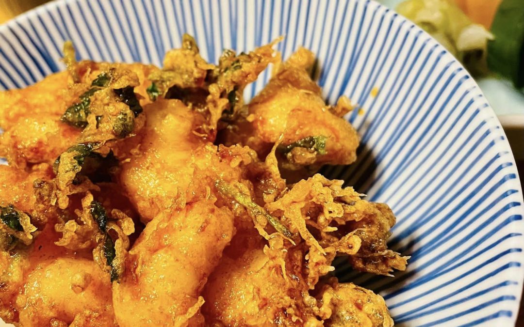 念願の天ぷら山の上。